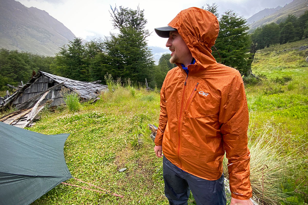 Outdoor Research Helium rain jacket (at campsite)